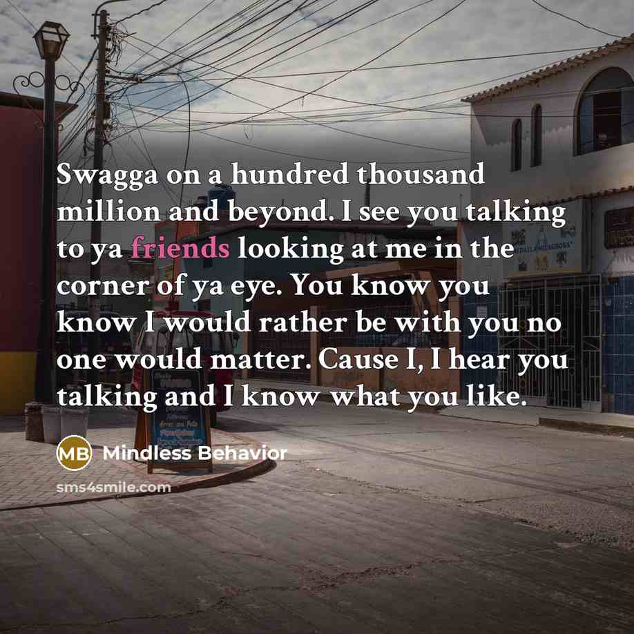 “Swagga on a hundred thousand million and beyond. I see you talking to ya friends looking at me in the corner of ya eye. You know you know I would rather be with you no one would matter. Cause I, I hear you talking and I know what you like.” quote by Mindless Behavior