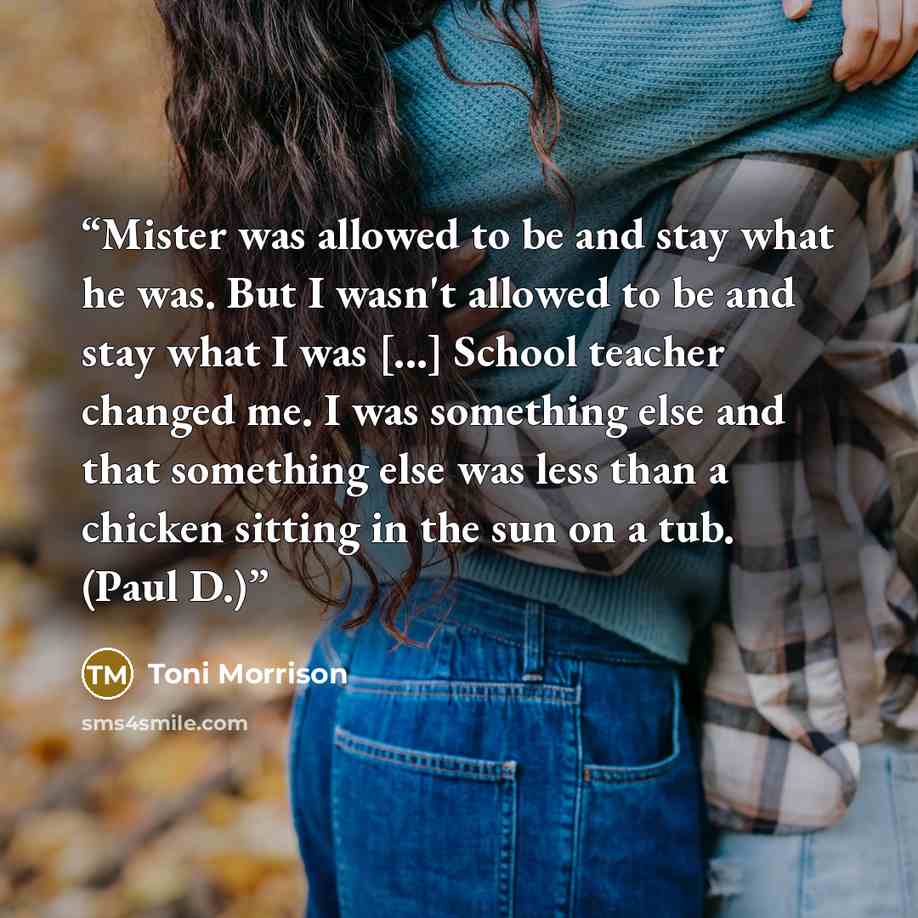 “Mister was allowed to be and stay what he was. But I wasn't allowed to be and stay what I was [...] School teacher changed me. I was something else and that something else was less than a chicken sitting in the sun on a tub. (Paul D.)” quote by Toni Morrison