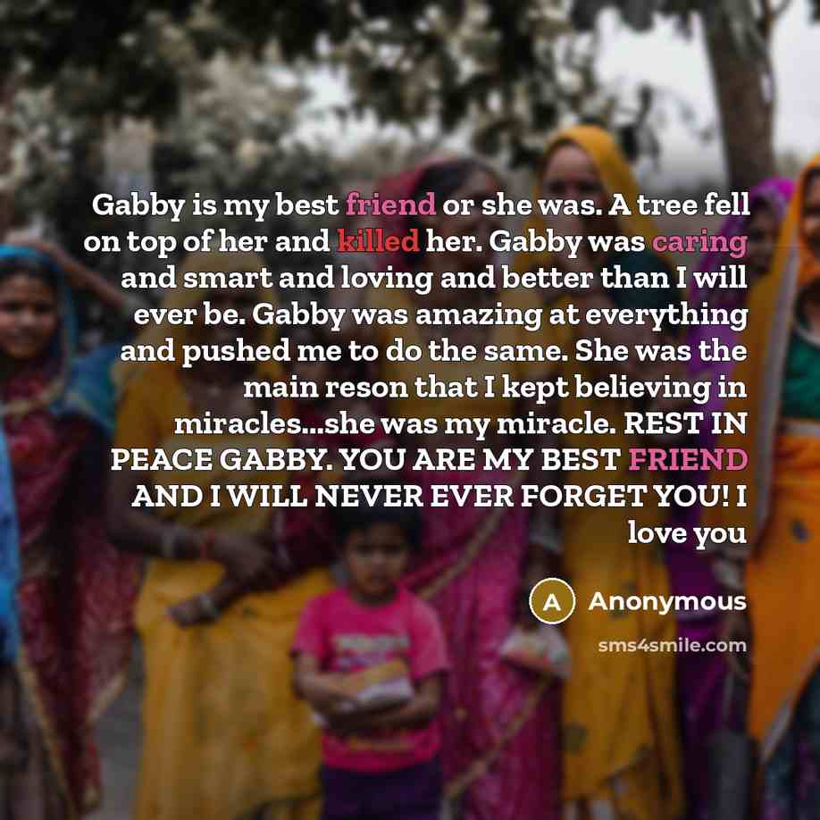 “Gabby is my best friend or she was. A tree fell on top of her and killed her. Gabby was caring and smart and loving and better than I will ever be. Gabby was amazing at everything and pushed me to do the same. She was the main reson that I kept believing in miracles...she was my miracle. REST IN…” quote by Anonymous