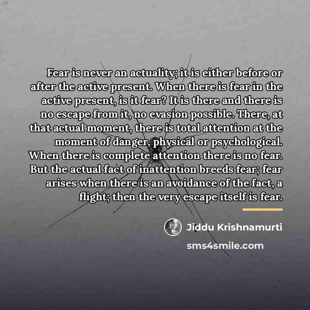 “Fear is never an actuality; it is either before or…” quote by Jiddu Krishnamurti