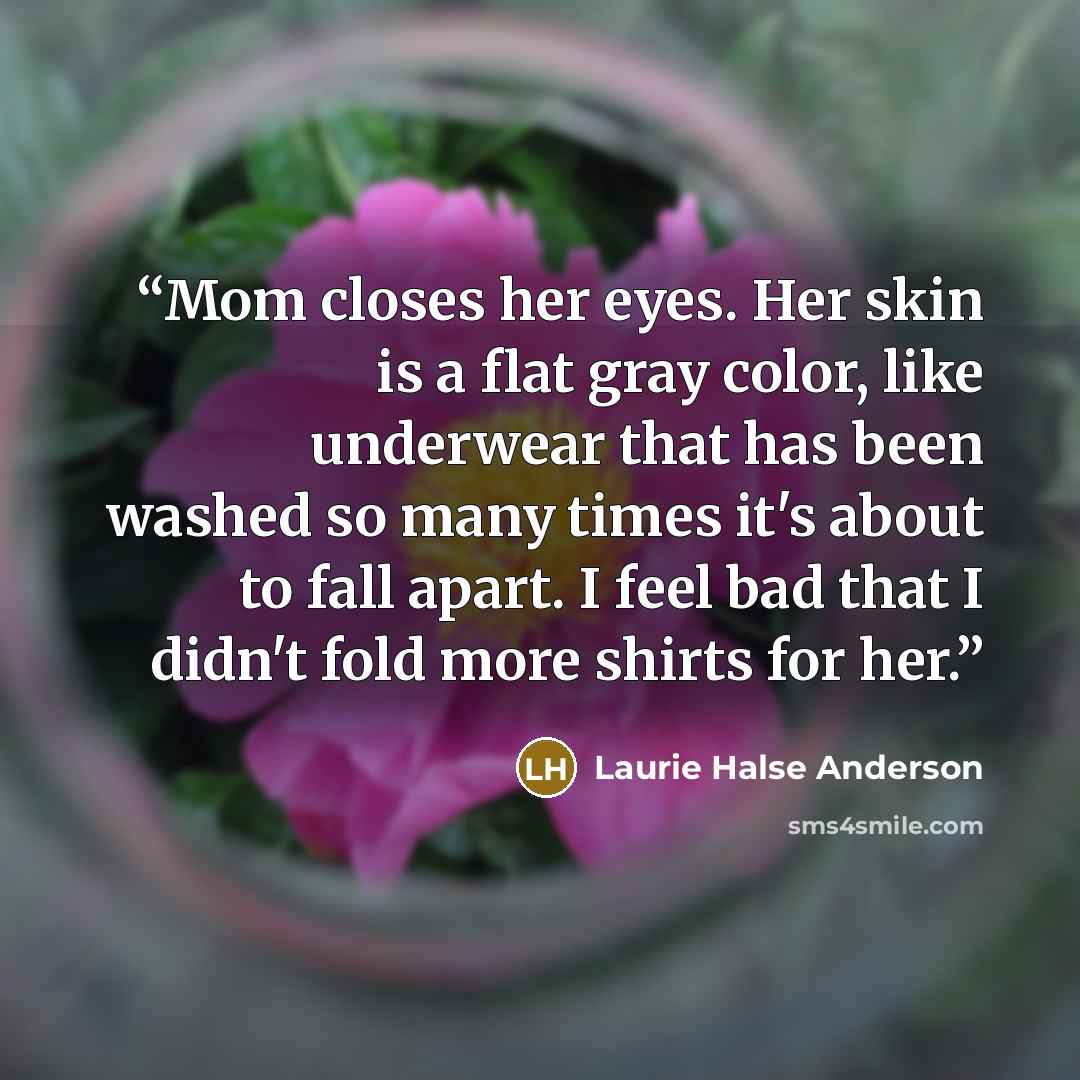 “Mom closes her eyes. Her skin is a flat gray color, like underwear that has been washed so many times it's about to fall apart. I feel bad that I didn't fold more shirts for her.” quote by Laurie Halse Anderson