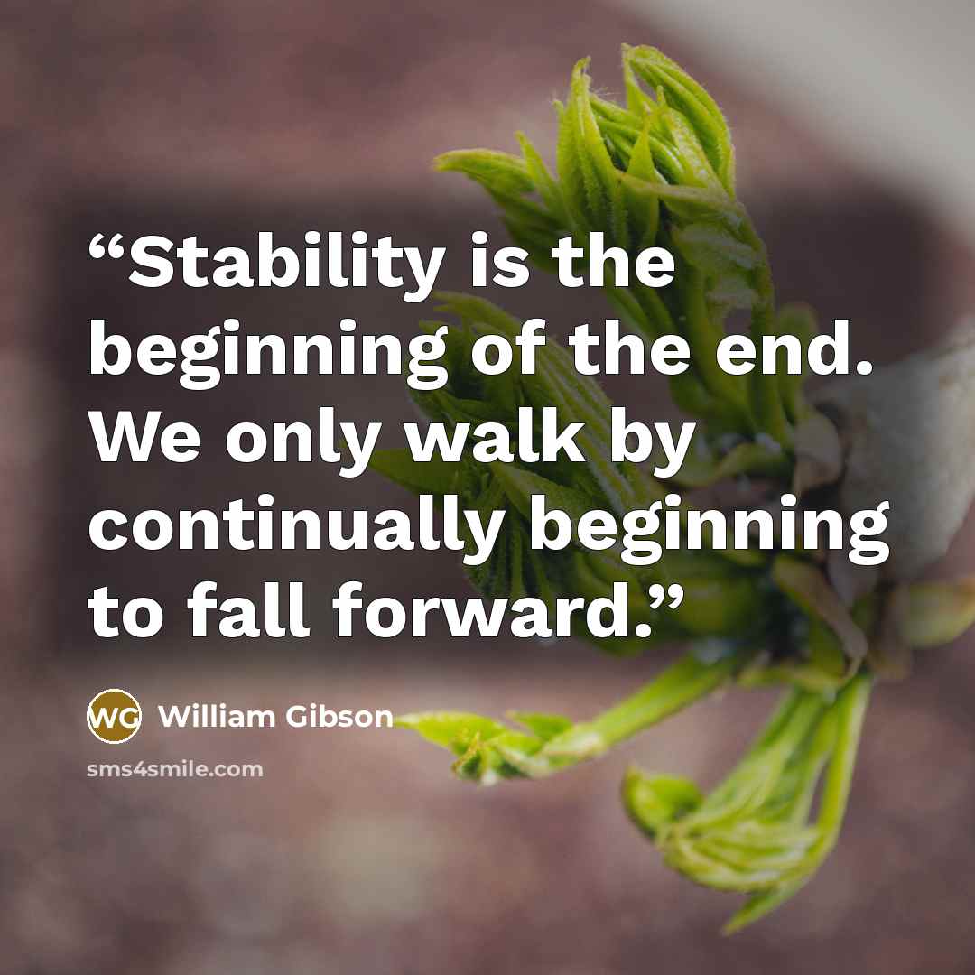 “Stability is the beginning of the end. We only walk by continually beginning to fall forward.” quote by William Gibson