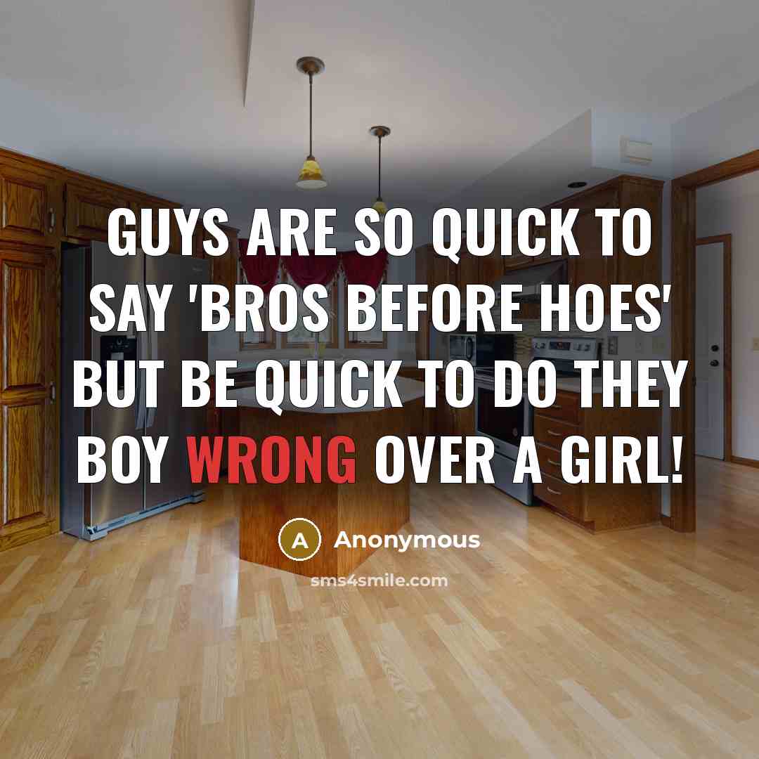 “Guys are so quick to say 'Bros before Hoes' but BE QUICK to do they boy wrong over a girl!” quote by Anonymous