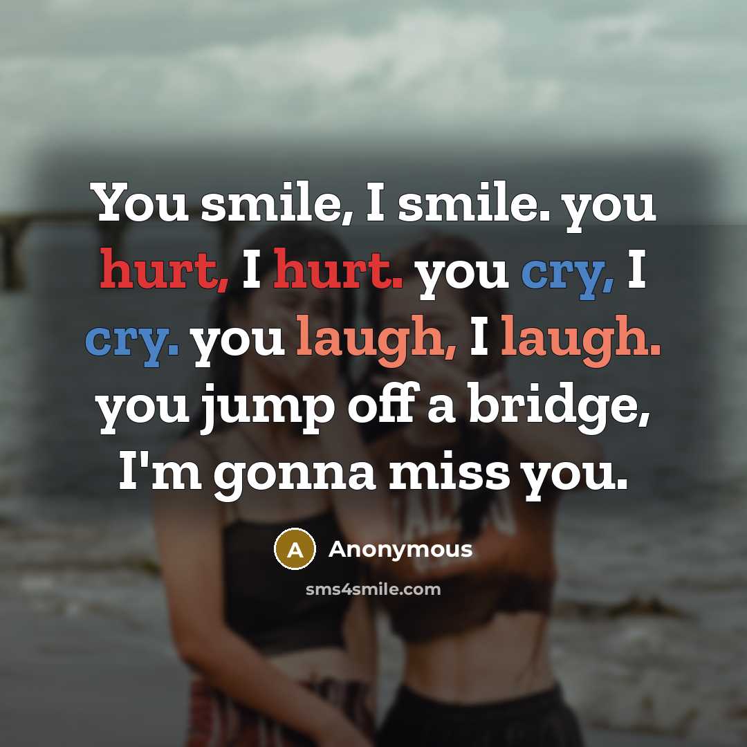 “You smile, I smile. you hurt, I hurt. you cry, I cry. you laugh, I laugh. you jump off a bridge, I'm gonna miss you.” quote by Anonymous