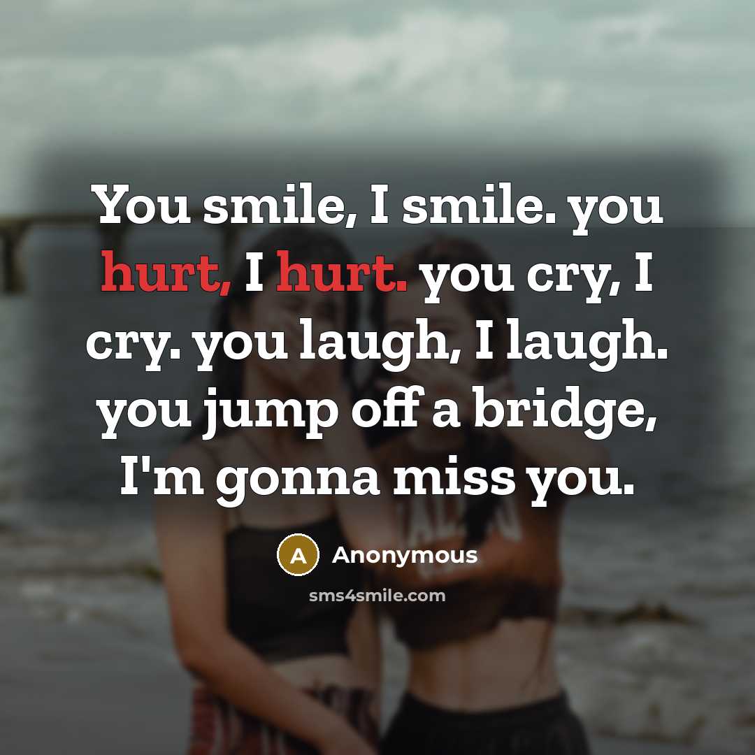 “You smile, I smile. you hurt, I hurt. you cry, I cry. you laugh, I laugh. you jump off a bridge, I'm gonna miss you.” quote by Anonymous