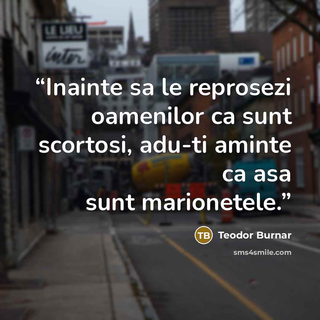 “Inainte sa le reprosezi oamenilor ca sunt scortosi, adu-ti aminte ca asa sunt marionetele.” quote by Teodor Burnar