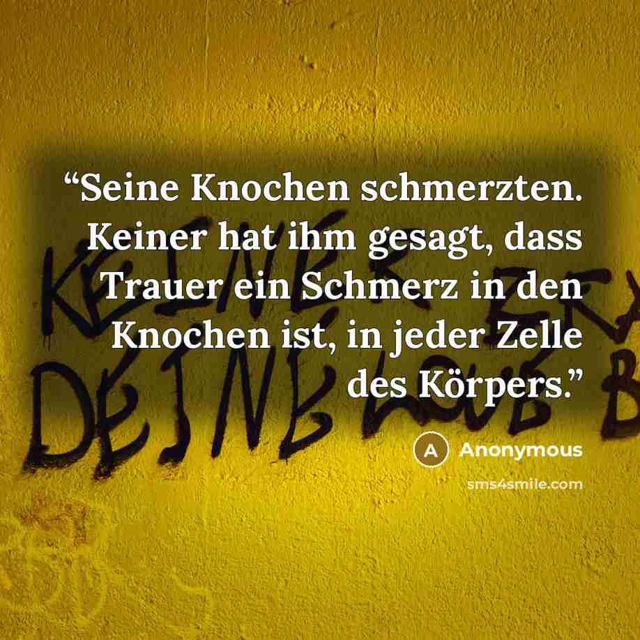 “Seine Knochen schmerzten. Keiner hat ihm gesagt, dass Trauer ein Schmerz in den Knochen ist, in jeder Zelle des Körpers.” quote by Anonymous