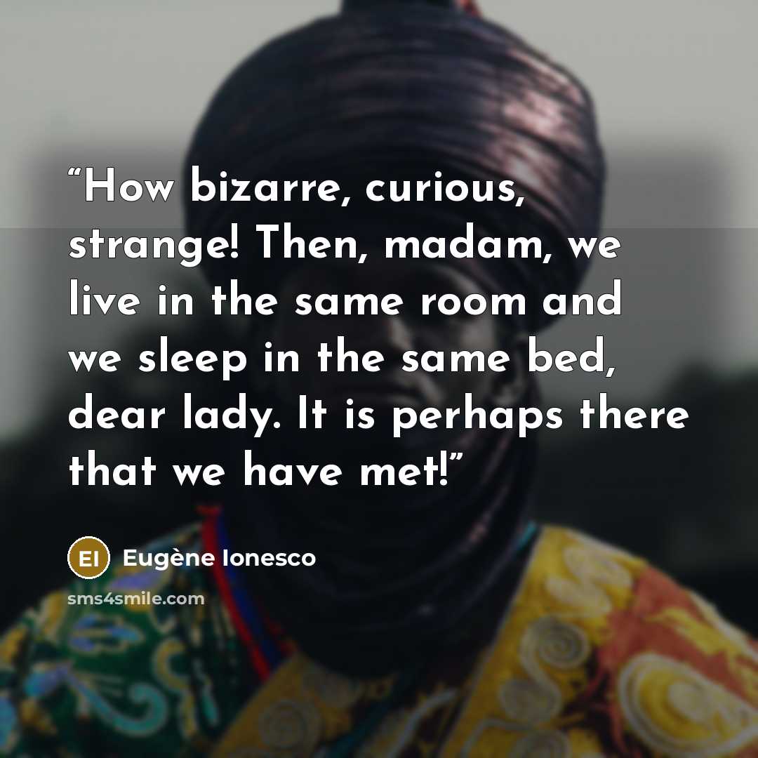 “How bizarre, curious, strange! Then, madam, we live in the same room and we sleep in the same bed, dear lady. It is perhaps there that we have met!” quote by Eugène Ionesco