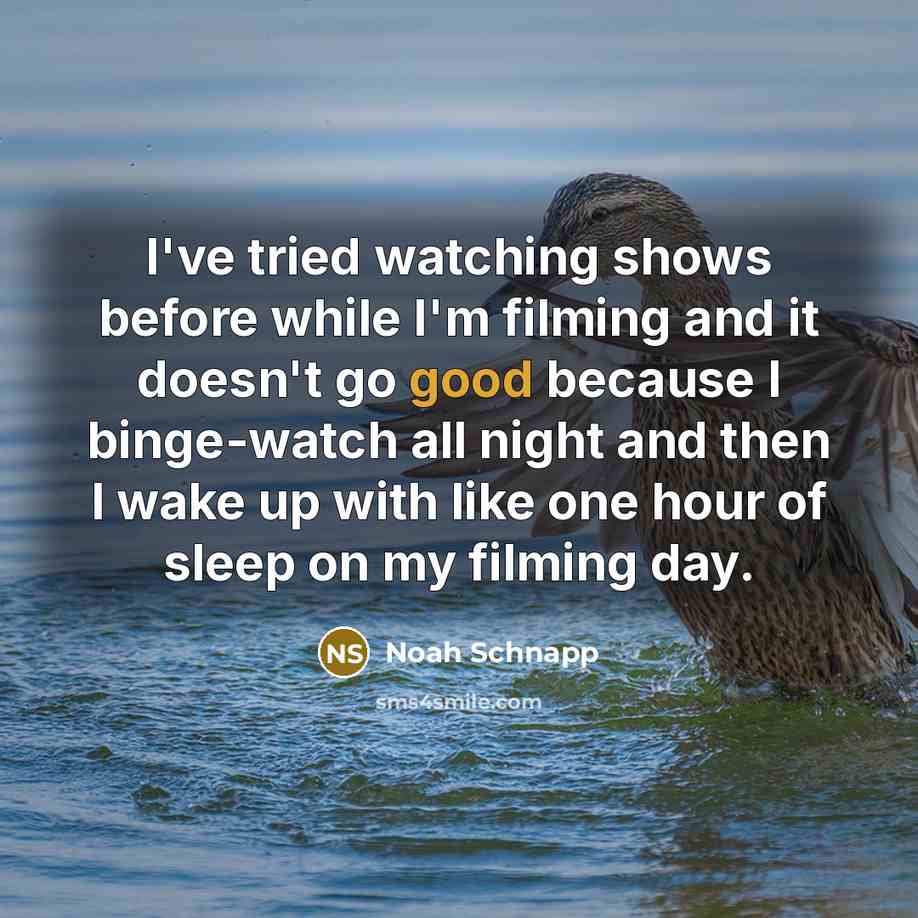 “I've tried watching shows before while I'm filming and it doesn't go good because I binge-watch all night and then I wake up with like one hour of sleep on my filming day.” quote by Noah Schnapp