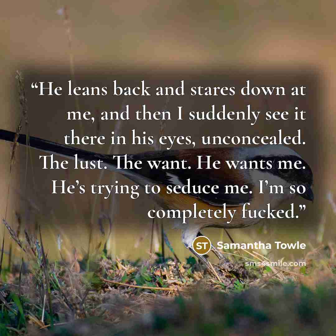 “He leans back and stares down at me, and then I suddenly see it there in his eyes, unconcealed. The lust. The want. He wants me. He’s trying to seduce me. I’m so completely fucked.” quote by Samantha Towle