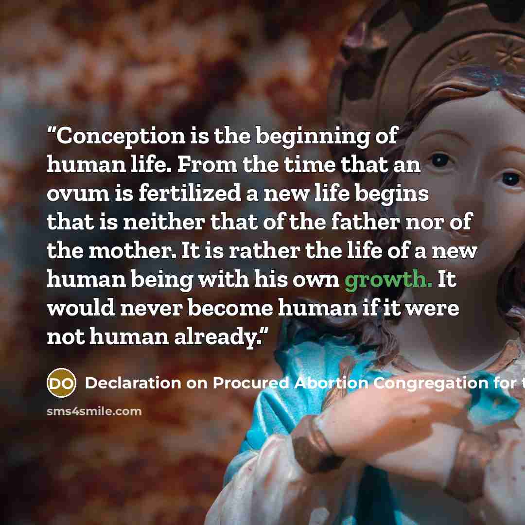 “Conception is the beginning of human life. From the time that an ovum is fertilized a new life begins that is neither that of the father nor of the mother. It is rather the life of a new human being with his own growth. It would never become human if it were not human already.” quote by Declaration on Procured Abortion Congregation for the Doctrine of the Faith 1974