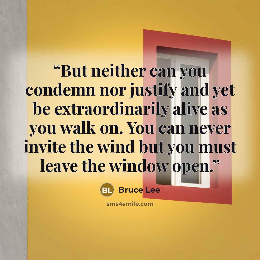 “But neither can you condemn nor justify and yet be extraordinarily alive as you walk on. You can never invite the wind but you must leave the window open.” quote by Bruce Lee