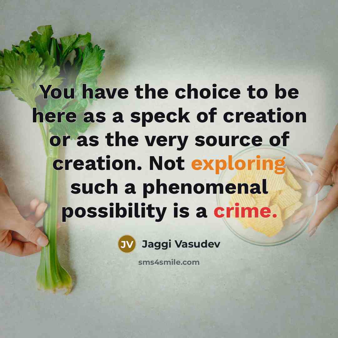 “You have the choice to be here as a speck of creation or as the very source of creation. Not exploring such a phenomenal possibility is a crime.” quote by Jaggi Vasudev