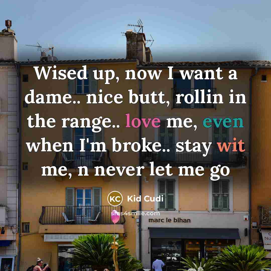 “Wised up, now I want a dame.. nice butt, rollin in the range.. love me, even when I'm broke.. stay wit me, n never let me go” quote by Kid Cudi