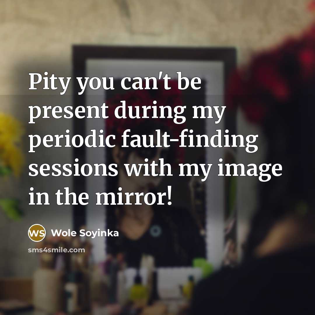 “Pity you can't be present during my periodic fault-finding sessions with my image in the mirror!” quote by Wole Soyinka