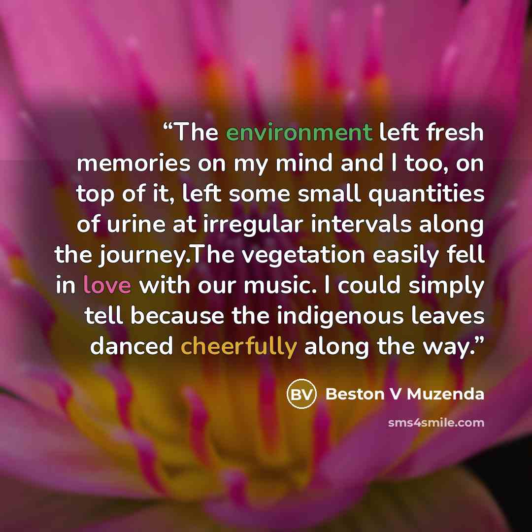 “The environment left fresh memories on my mind and I too, on top of it, left some small quantities of urine at irregular intervals along the journey.The vegetation easily fell in love with our music. I could simply tell because the indigenous leaves danced cheerfully along the way.” quote by Beston V Muzenda