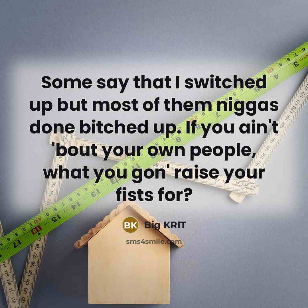 “Some say that I switched up but most of them niggas done bitched up. If you ain't 'bout your own people, what you gon' raise your fists for?” quote by Big Krit