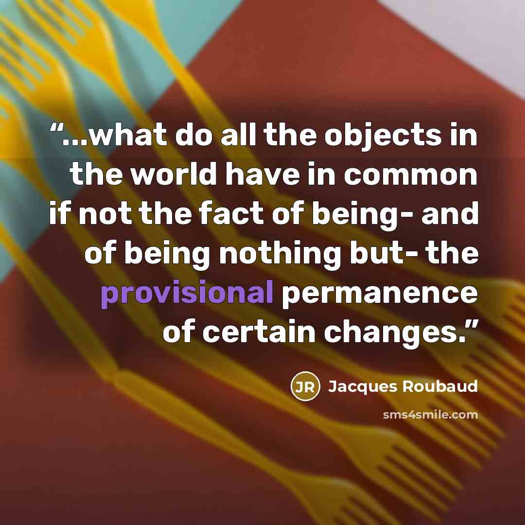 “...what do all the objects in the world have in common if not the fact of being- and of being nothing but- the provisional permanence of certain changes.” quote by Jacques Roubaud
