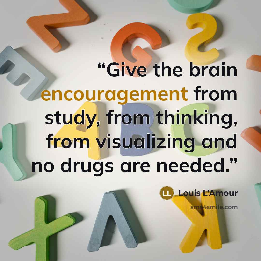 “Give the brain encouragement from study, from thinking, from visualizing and no drugs are needed.” quote by Louis L'Amour