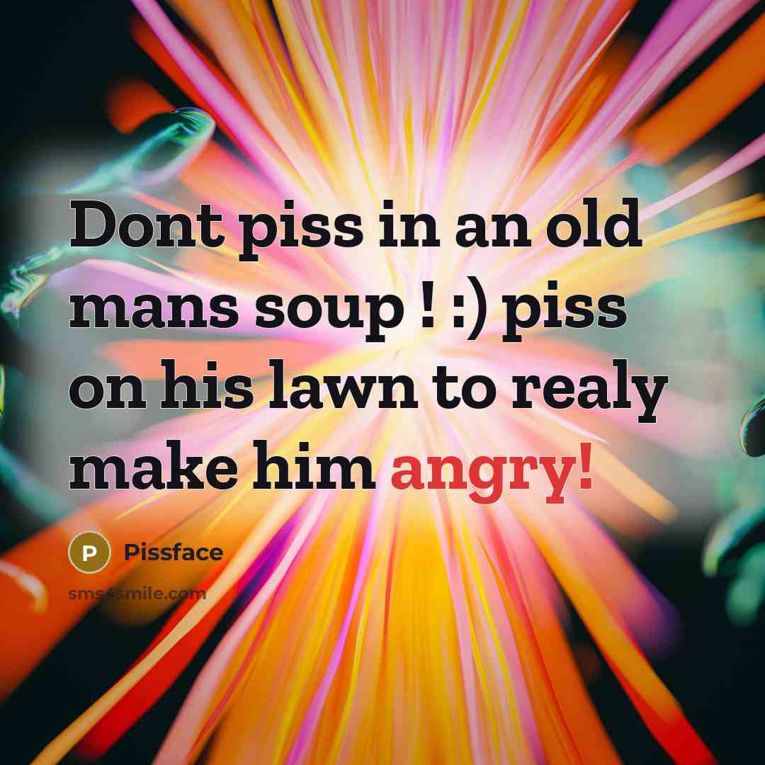 “Dont piss in an old mans soup ! :) piss on his lawn to realy make him angry!” quote by Pissface