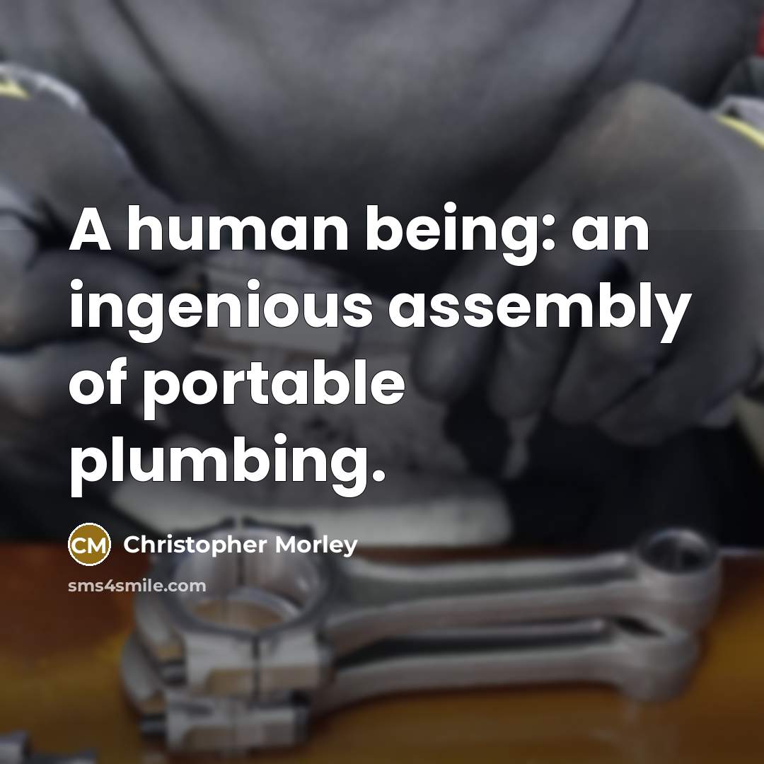 “A human being: an ingenious assembly of portable plumbing.…” quote by Christopher Morley