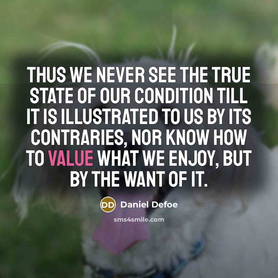 “Thus we never see the true state of our condition till it is illustrated to us by its contraries, nor know how to value what we enjoy, but by the want of it.” quote by Daniel Defoe