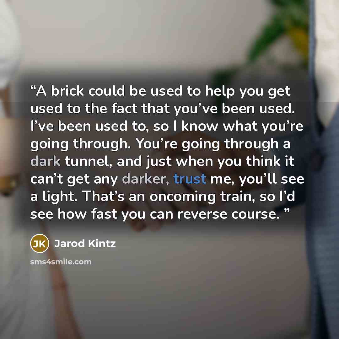 “A brick could be used to help you get used to the fact that you’ve been used. I’ve been used to, so I know what you’re going through. You’re going through a dark tunnel, and just when you think it can’t get any darker, trust me, you’ll see a light. That’s an oncoming train, so I’d see how fast you…” quote by Jarod Kintz