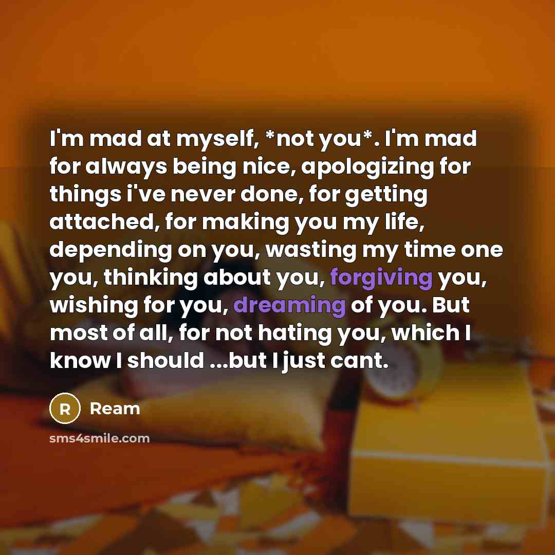 “I'm mad at myself, *not you*. I'm mad for always being nice, apologizing for things i've never done, for getting attached, for making you my life, depending on you, wasting my time one you, thinking about you, forgiving you, wishing for you, dreaming of you. But most of all, for not hating you…” quote by Ream