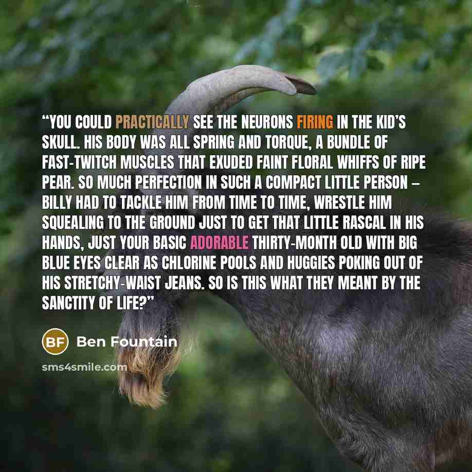 “You could practically see the neurons firing in the kid’s skull. His body was all spring and torque, a bundle of fast-twitch muscles that exuded faint floral whiffs of ripe pear. So much perfection in such a compact little person — Billy had to tackle him from time to time, wrestle him squealing…” quote by Ben Fountain