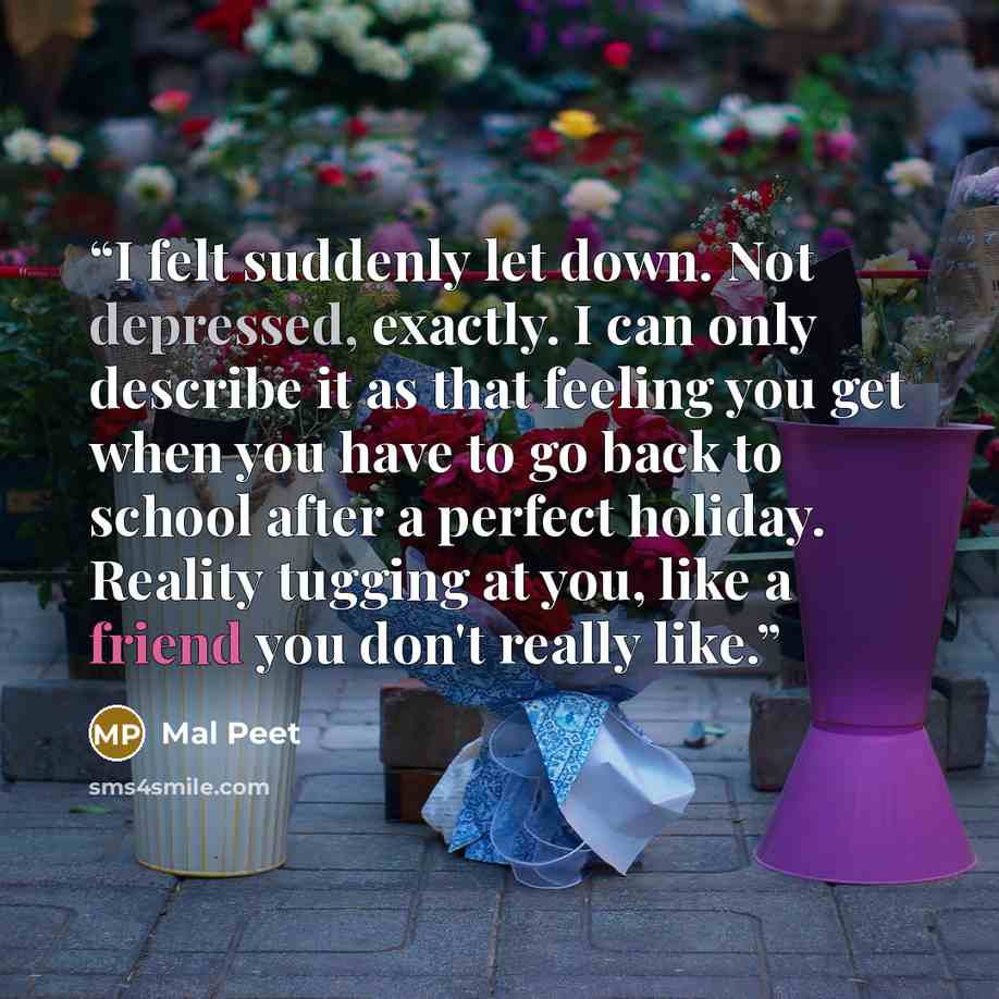 “I felt suddenly let down. Not depressed, exactly. I can only describe it as that feeling you get when you have to go back to school after a perfect holiday. Reality tugging at you, like a friend you don't really like.” quote by Mal Peet