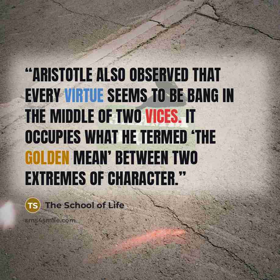 “Aristotle also observed that every virtue seems to be bang in the middle of two vices. It occupies what he termed ‘the golden mean’ between two extremes of character.” quote by The School of Life