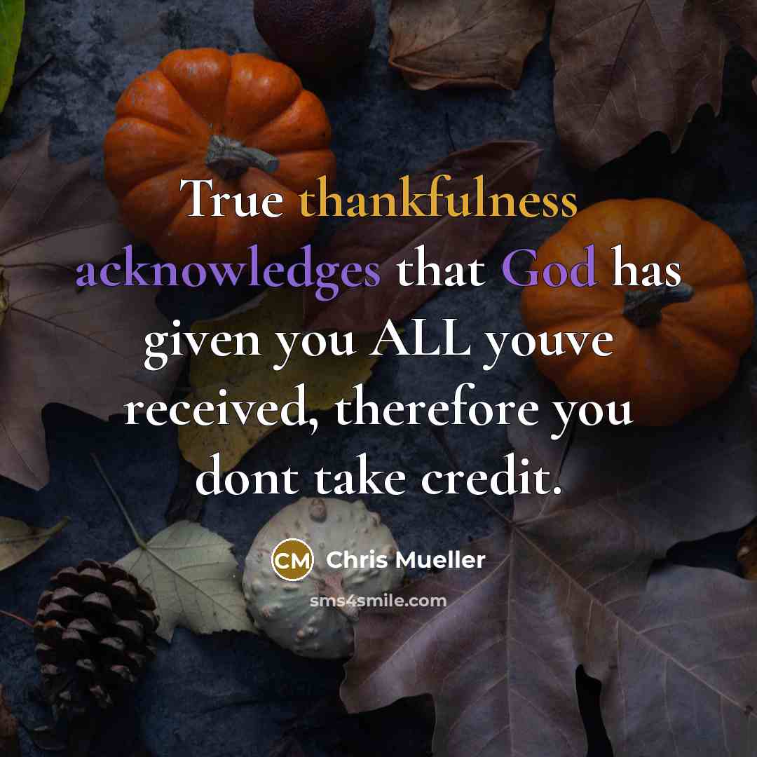 “True thankfulness acknowledges that God has given you ALL youve received, therefore you dont take credit.” quote by Chris Mueller