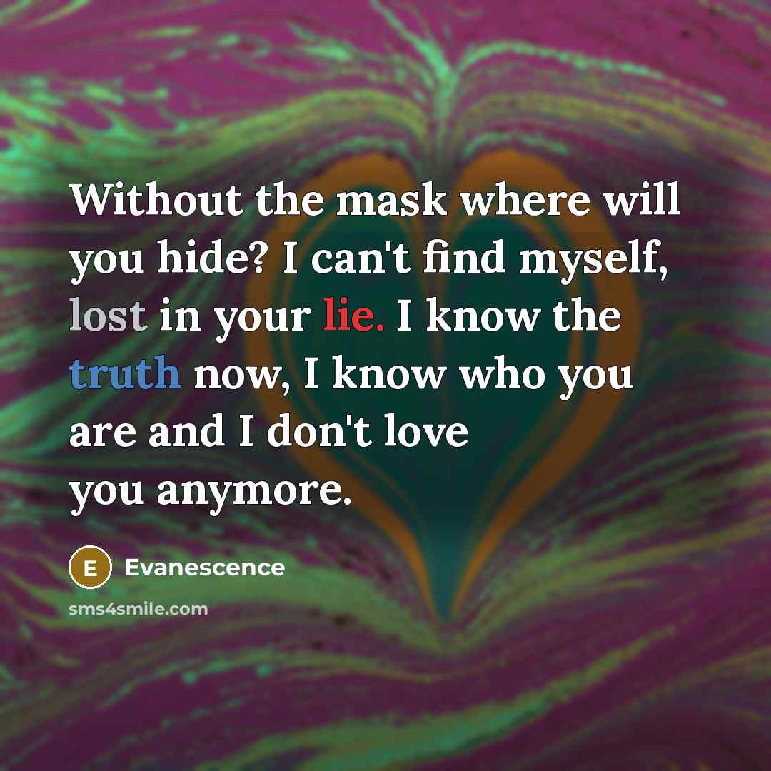 “Without the mask where will you hide? I can't find…” quote by Evanescence