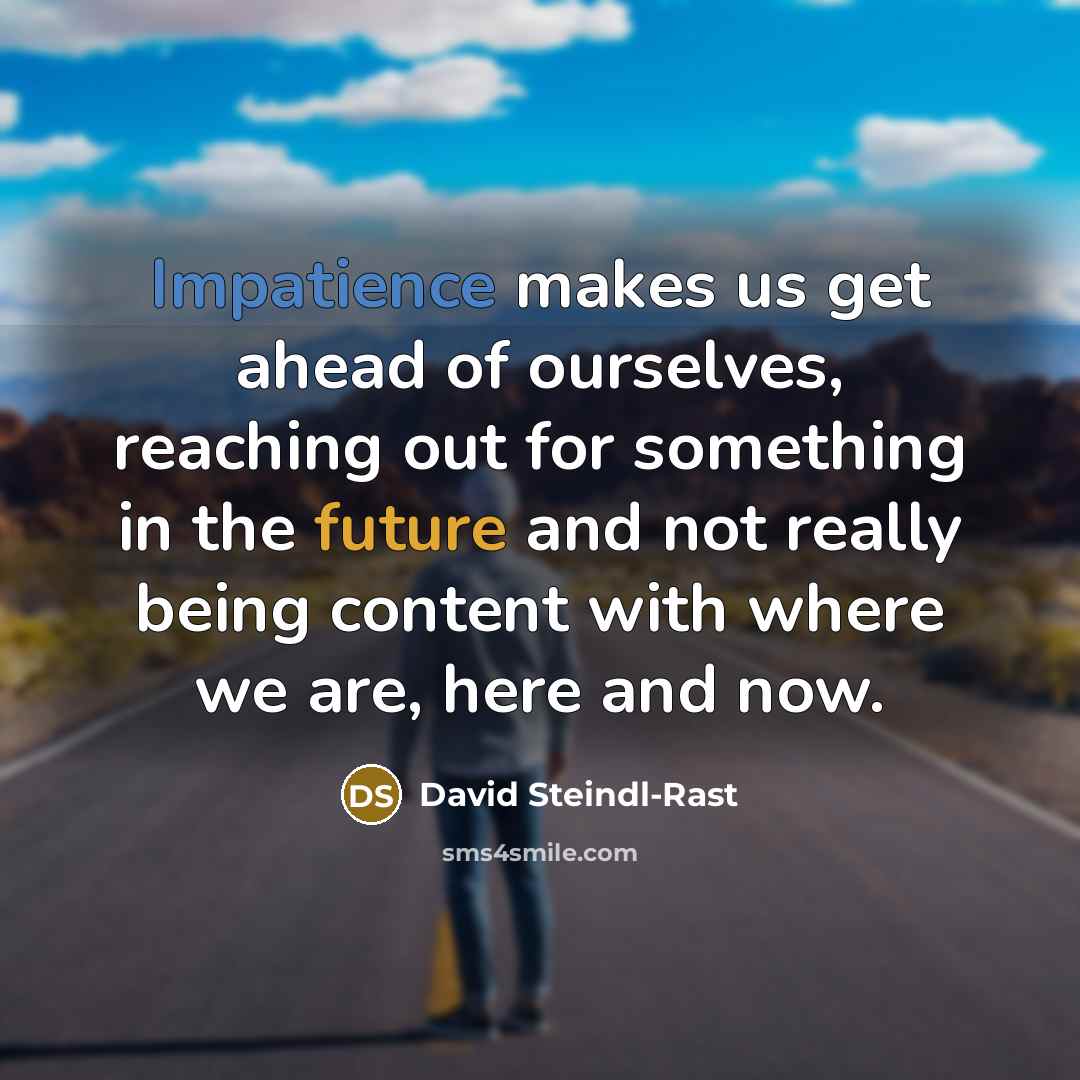 “Impatience makes us get ahead of ourselves, reaching out for something in the future and not really being content with where we are, here and now.” quote by David Steindl-Rast