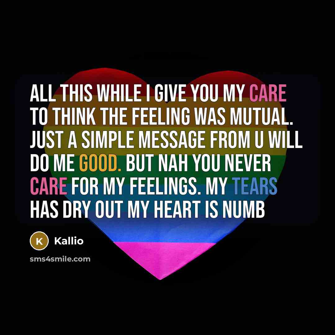 “All this while I give you my care to think the feeling was mutual. Just a simple message from u will do me good. But nah you never care for my feelings. My tears has dry out my heart is numb” quote by Kallio
