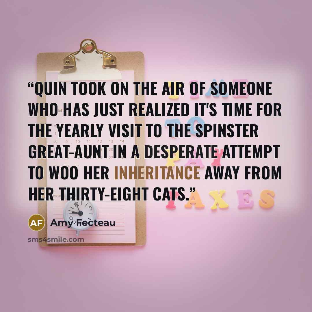 “Quin took on the air of someone who has just realized it's time for the yearly visit to the spinster great-aunt in a desperate attempt to woo her inheritance away from her thirty-eight cats.” quote by Amy Fecteau