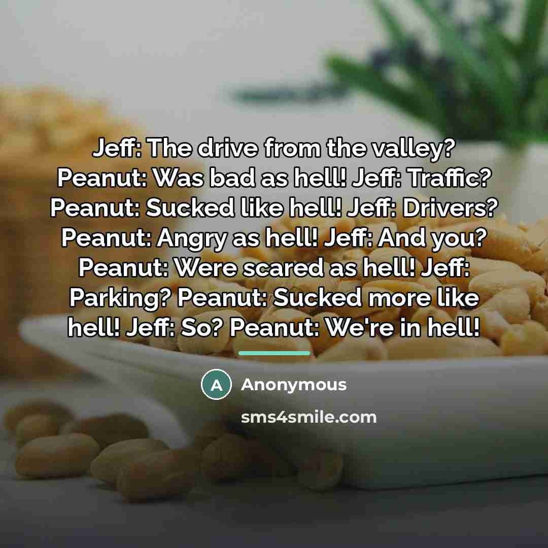 “Jeff: The drive from the valley? Peanut: Was bad as…” quote by Anonymous