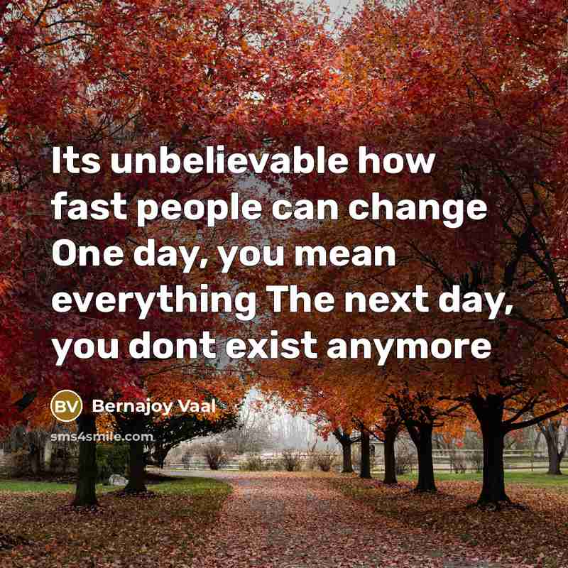 “Its unbelievable how fast people can change One day, you mean everything The next day, you dont exist anymore” quote by Bernajoy Vaal