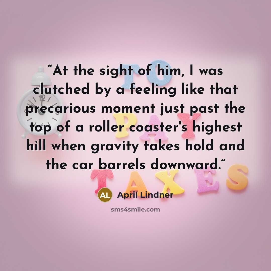 “At the sight of him, I was clutched by a feeling like that precarious moment just past the top of a roller coaster's highest hill when gravity takes hold and the car barrels downward.” quote by April Lindner
