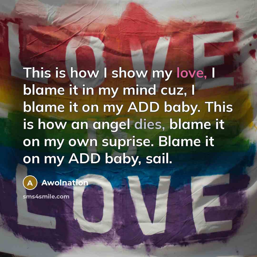“This is how I show my love, I blame it in my mind cuz, I blame it on my ADD baby. This is how an angel dies, blame it on my own suprise. Blame it on my ADD baby, sail.” quote by Awolnation
