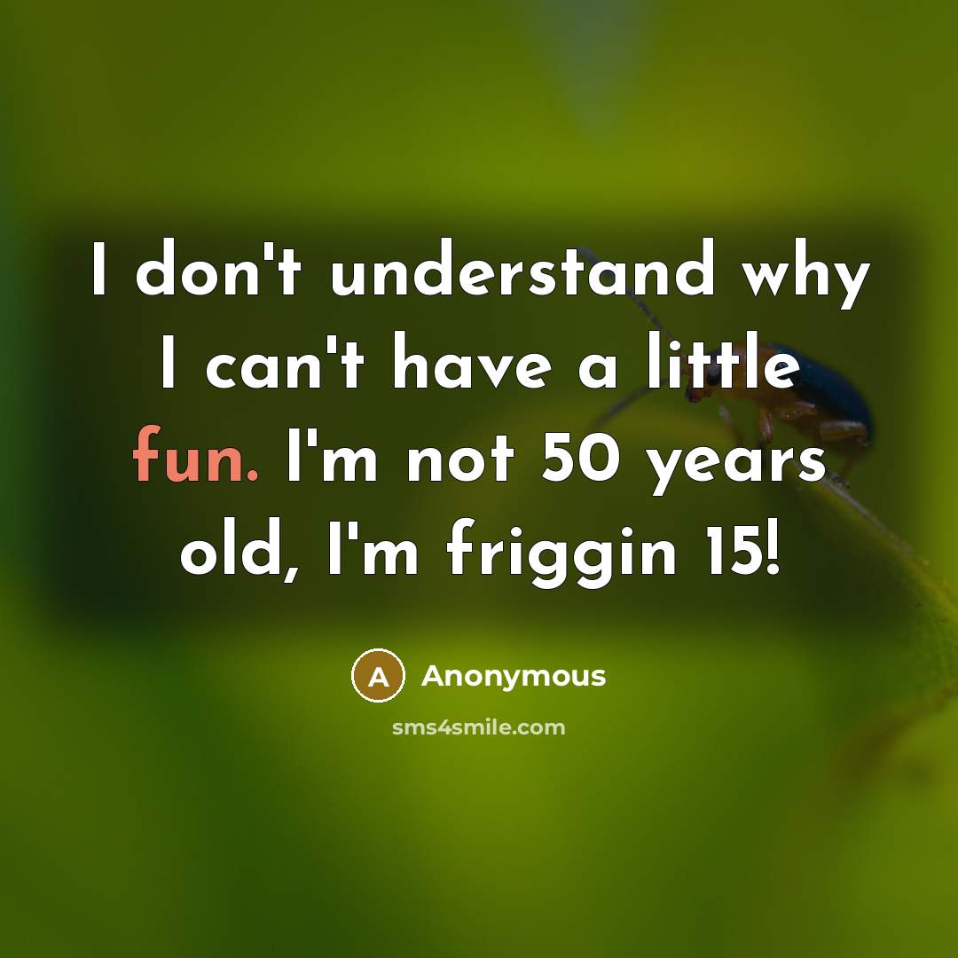 “I don't understand why I can't have a little fun. I'm not 50 years old, I'm friggin 15!” quote by Anonymous