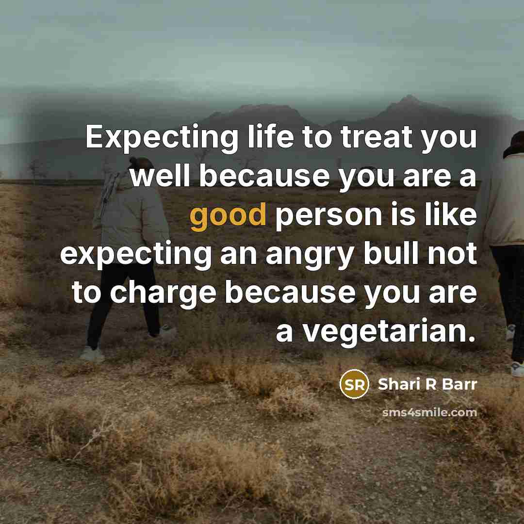 “Expecting life to treat you well because you are a good person is like expecting an angry bull not to charge because you are a vegetarian.” quote by Shari R Barr
