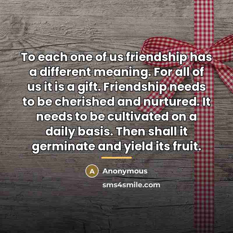 “To each one of us friendship has a different meaning.…” quote by Anonymous