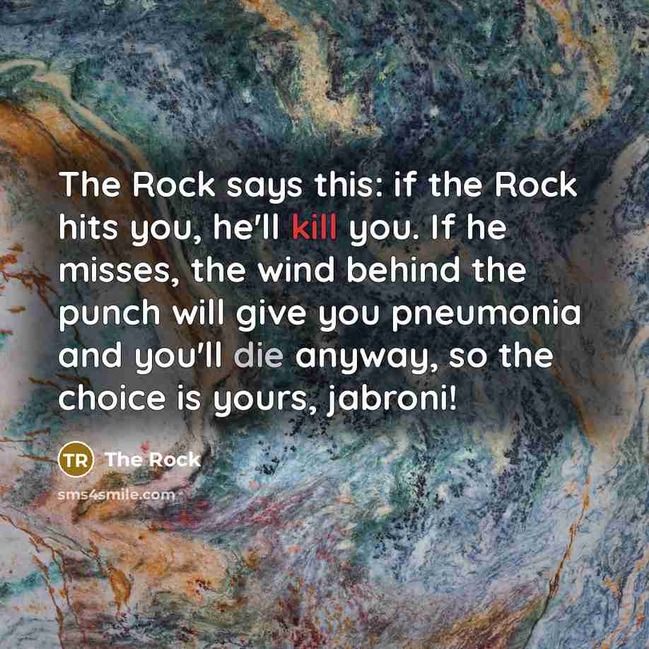 “The Rock says this: if the Rock hits you, he'll kill you. If he misses, the wind behind the punch will give you pneumonia and you'll die anyway, so the choice is yours, jabroni!” quote by The Rock