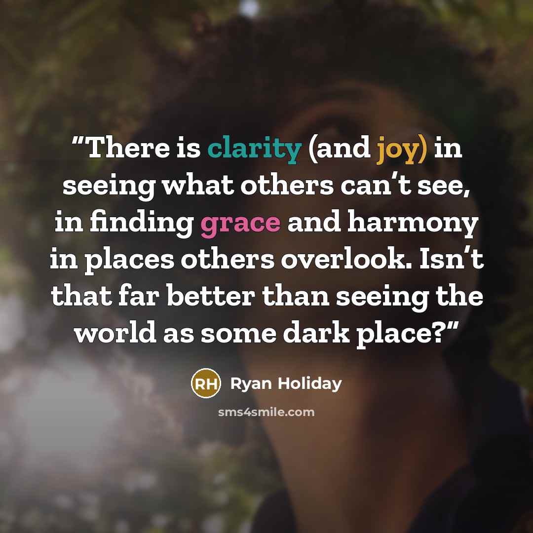“There is clarity (and joy) in seeing what others can’t see, in finding grace and harmony in places others overlook. Isn’t that far better than seeing the world as some dark place?” quote by Ryan Holiday