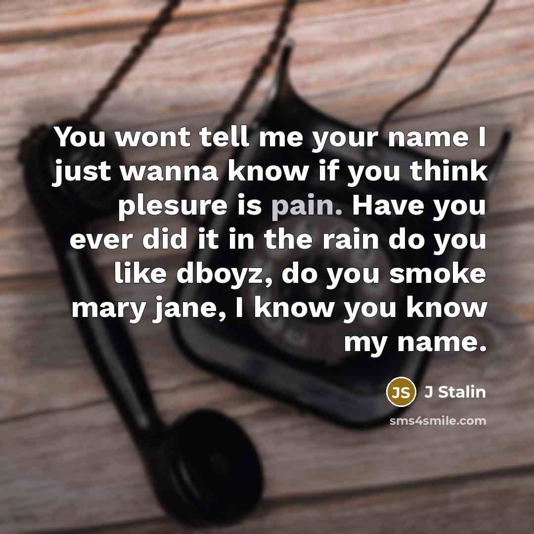 “You wont tell me your name I just wanna know if you think plesure is pain. Have you ever did it in the rain do you like dboyz, do you smoke mary jane, I know you know my name.” quote by J Stalin