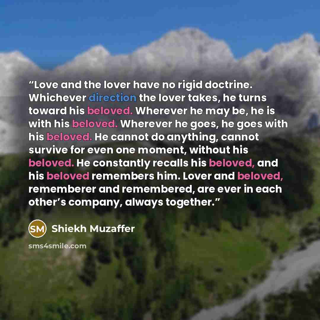 “Love and the lover have no rigid doctrine. Whichever direction the lover takes, he turns toward his beloved. Wherever he may be, he is with his beloved. Wherever he goes, he goes with his beloved. He cannot do anything, cannot survive for even one moment, without his beloved. He constantly recalls…” quote by Shiekh Muzaffer