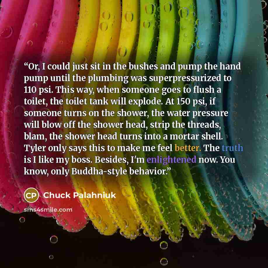 “Or, I could just sit in the bushes and pump the hand pump until the plumbing was superpressurized to 110 psi. This way, when someone goes to flush a toilet, the toilet tank will explode. At 150 psi, if someone turns on the shower, the water pressure will blow off the shower head, strip the…” quote by Chuck Palahniuk
