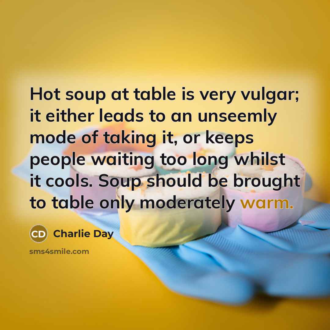 “Hot soup at table is very vulgar; it either leads…” quote by Charlie Day
