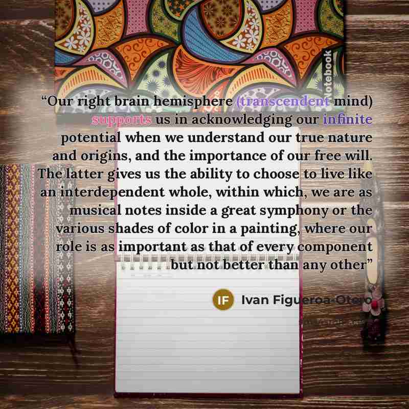 “Our right brain hemisphere (transcendent mind) supports us in acknowledging our infinite potential when we understand our true nature and origins, and the importance of our free will. The latter gives us the ability to choose to live like an interdependent whole, within which, we are as musical…” quote by Ivan Figueroa-Otero